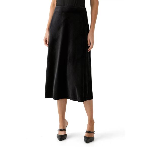 CeCe Velvet Pull On High Waisted A-Line Midi Skirt Rich Black Womens Size XS NWT - Picture 1 of 9
